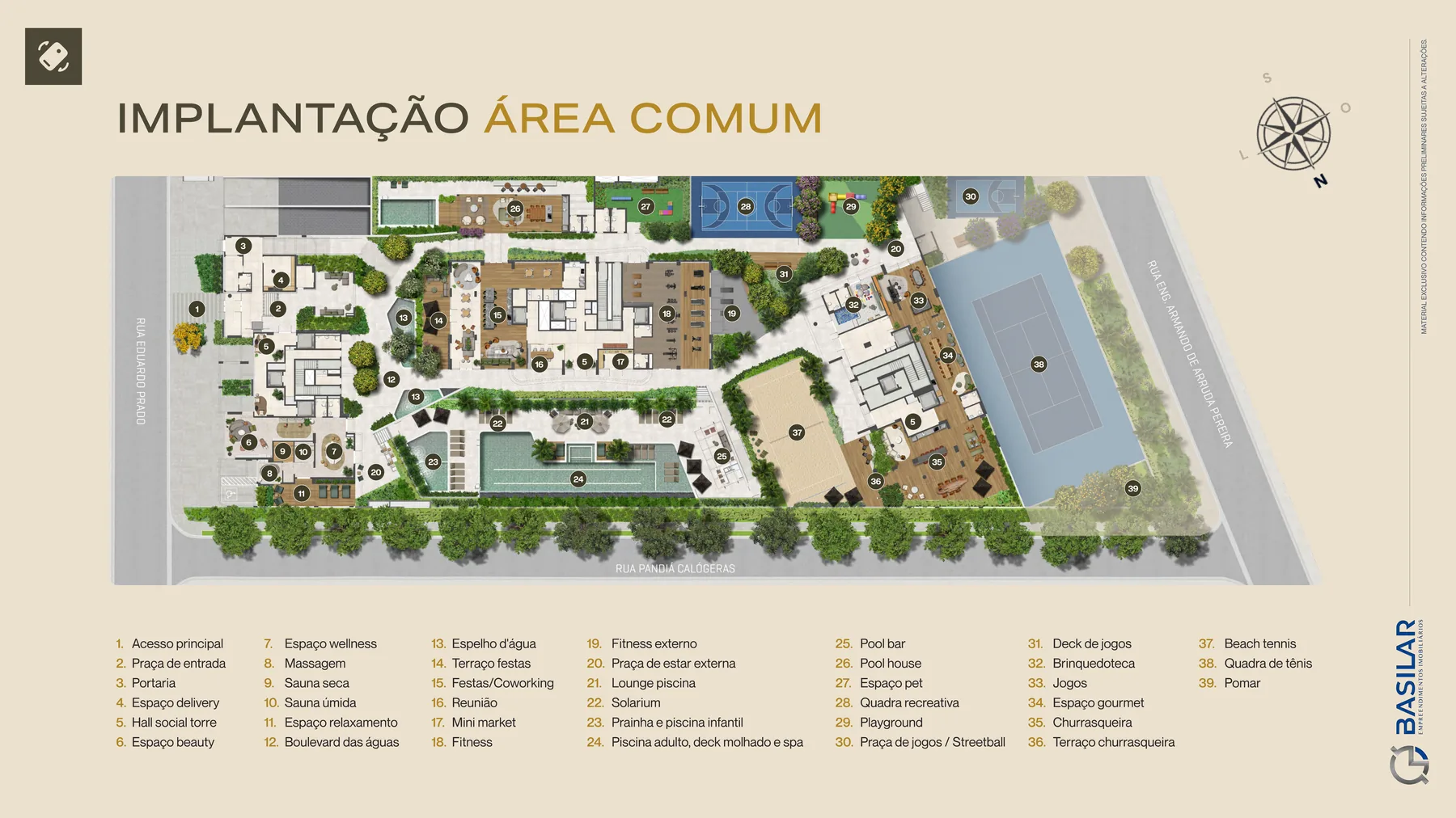 Implantação da área comum do Casa Parque Cerâmica com a legenda dos 39 pontos de lazer