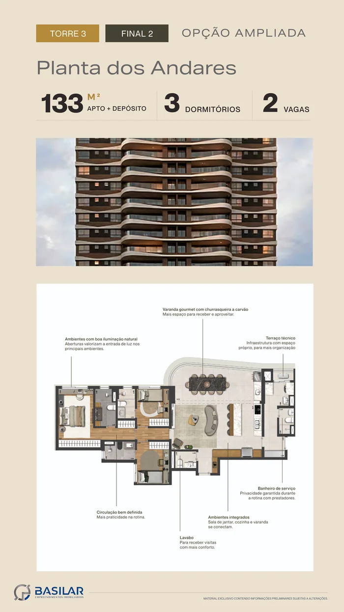 Planta de 133 m² da torre 3 do Casa Parque Cerâmica, com 3 dormitórios e 2 vagas
