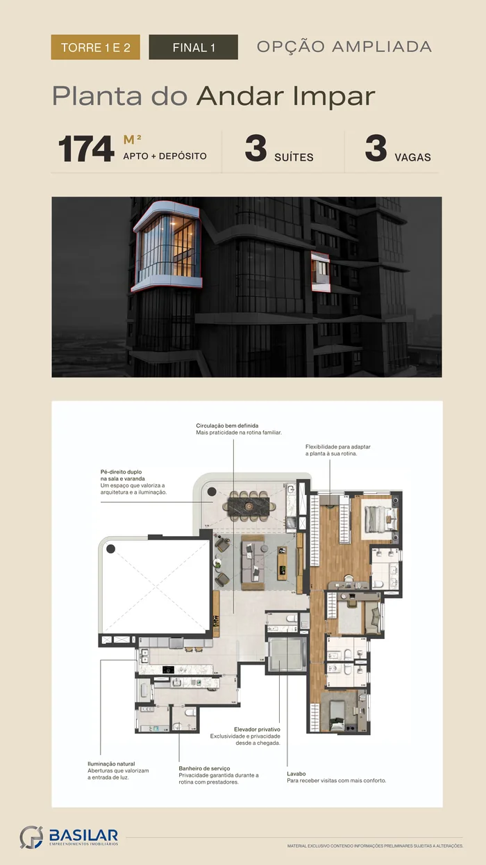 Planta do andar ímpar de 174 m² das torres 1 e 2 do Casa Parque Cerâmica, com 3 suítes e 3 vagas