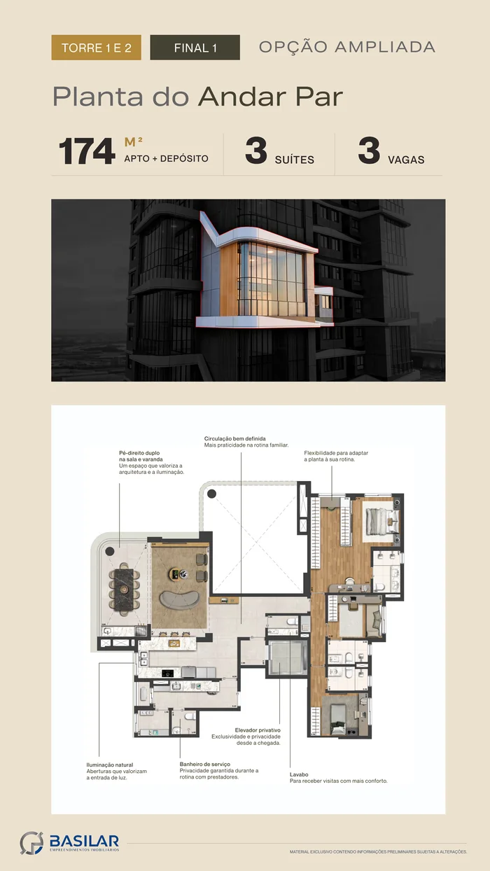 Planta do andar par de 174 m² das torres 1 e 2 do Casa Parque Cerâmica, com 3 suítes e 3 vagas