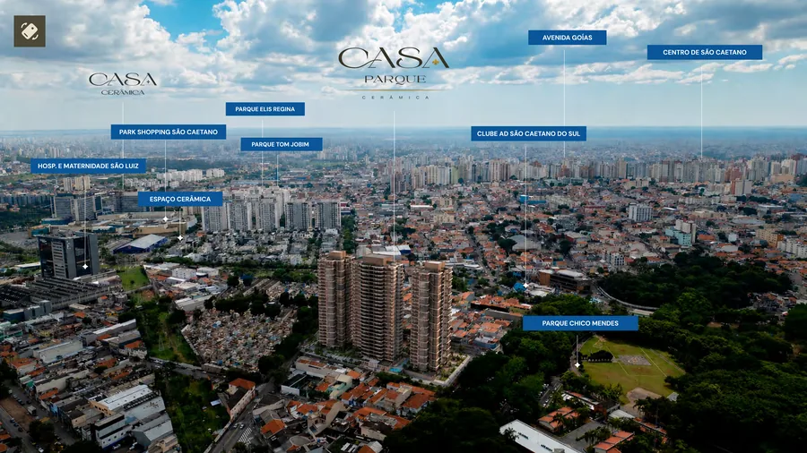 Vista aérea de São Caetano do Sul com o Casa Parque Cerâmica e os pontos do entorno: ParkShopping, Parque Chico Mendes, Parque Tom Jobim, Parque Elis Regina, Hospital São Luiz, Avenida Goiás e o centro